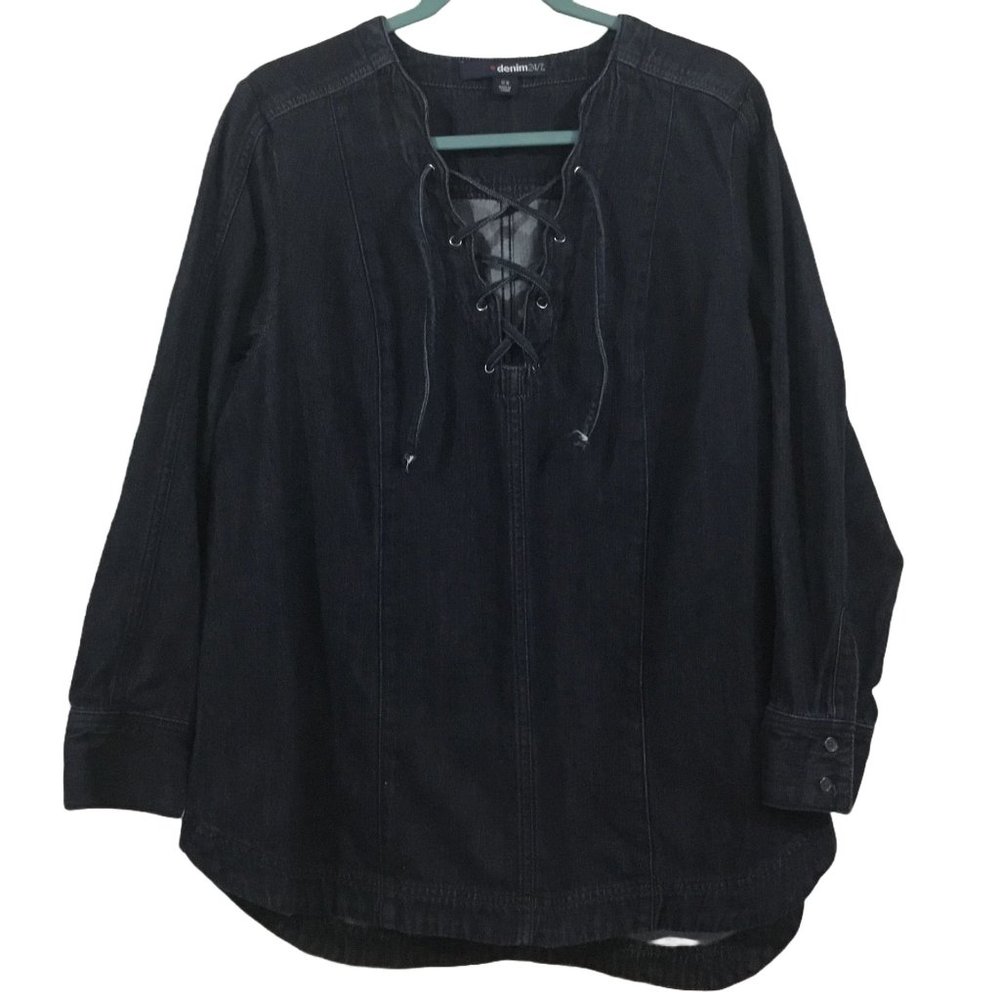 Denim 24/7 Cotton Dark Denim Long Sleeve Lace Up Neck Round Hem Tunic Women 16W